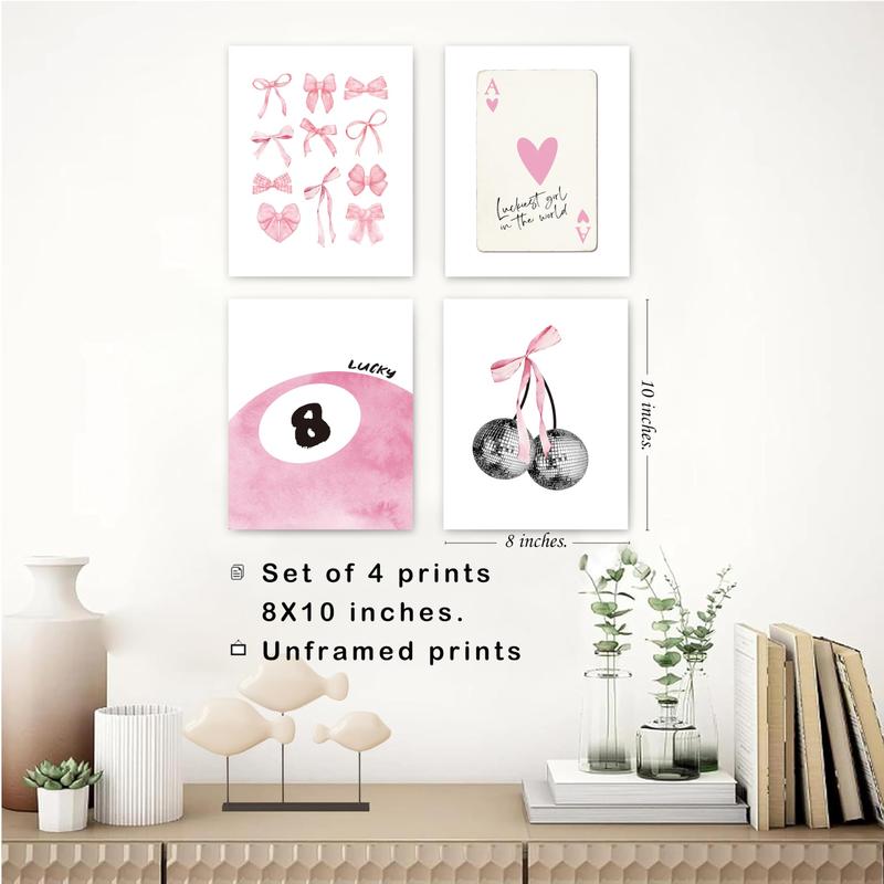 Coquette Trendy Preppy Wall Art Prints Set of 4, Coquette Room Decor, Preppy Room Decor Aesthetic, Pink Bow Disco 8 Ball Cherry Wall Decor Posters for Girls Bedroom Dorm, 8x10 Unframed