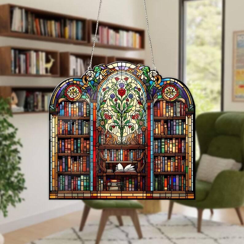 ACRYLIC Library Window Hanging, Book Lover Gift, Bookish Home Decor, Gift For Book Lover, Librarian Gift, Wall Hanging, NOT glass