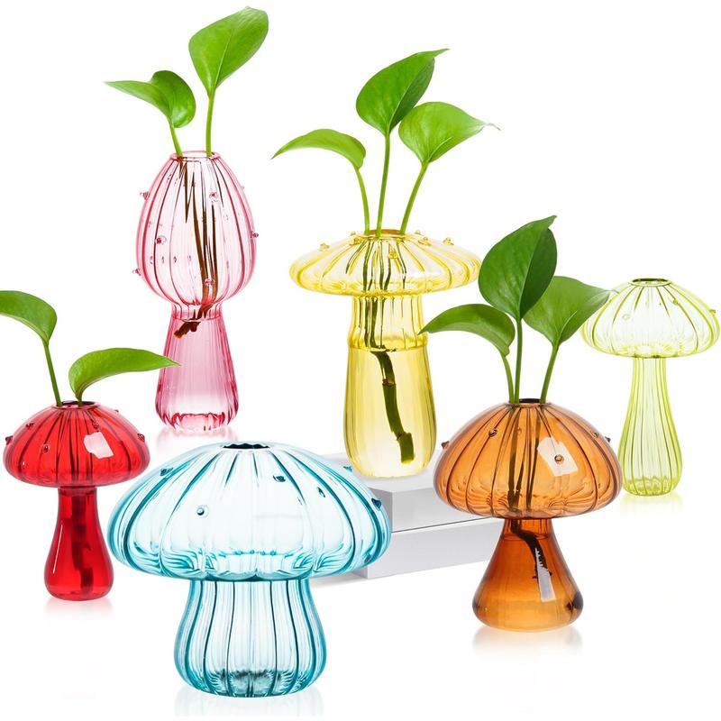 Plant Propagation Station, Set of 6 Colored Mushroom Vase, Propagation Stations, Small Plant Terrarium, Unique Crystal Mushroom Jars for Plants for Hydroponics Home Garden Office Decoration