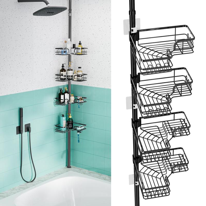 HapiRm Corner Shower Caddy Organizer: Rustproof, Waterproof with Soap Holder, Extendable Shower Shelf Tension Pole (104.3 to 113.8 Inch) Racks