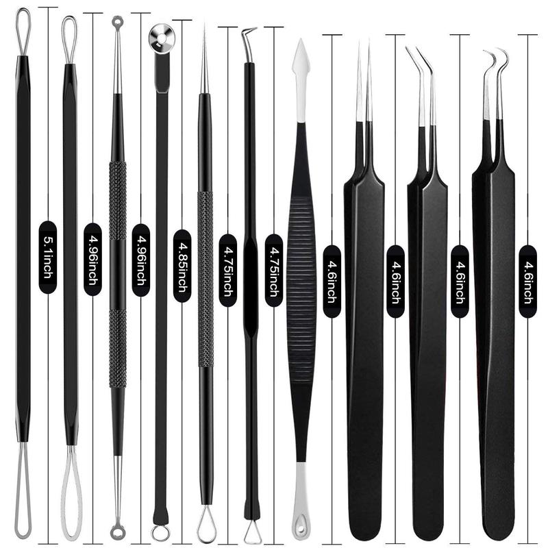 Pimple Popper Tool Kit - 10 count Blackhead Remover Comedone Extractor Kit with box for Quick and Easy Removal of Pimples, Blackheads, Zit Removing, Forehead,Facial and Nose (Black)